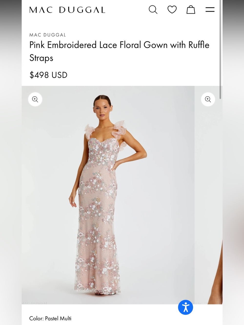 Mac Duggal Pink Embroidered Lace Floral Gown with Ruffle Straps